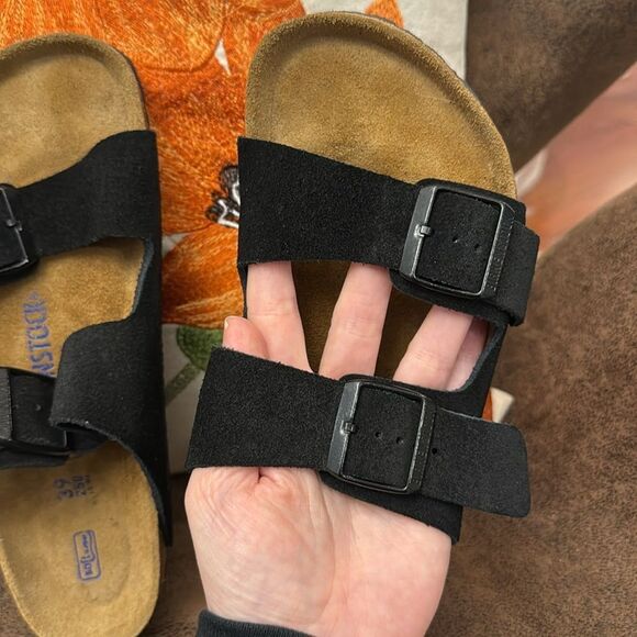 BIRKENSTOCK ARIZONA SOFT FOOTBED BLACK SUEDE CORK DOUBLE BUCKLE 39 REGULAR M6 L8 - Picture 7 of 15